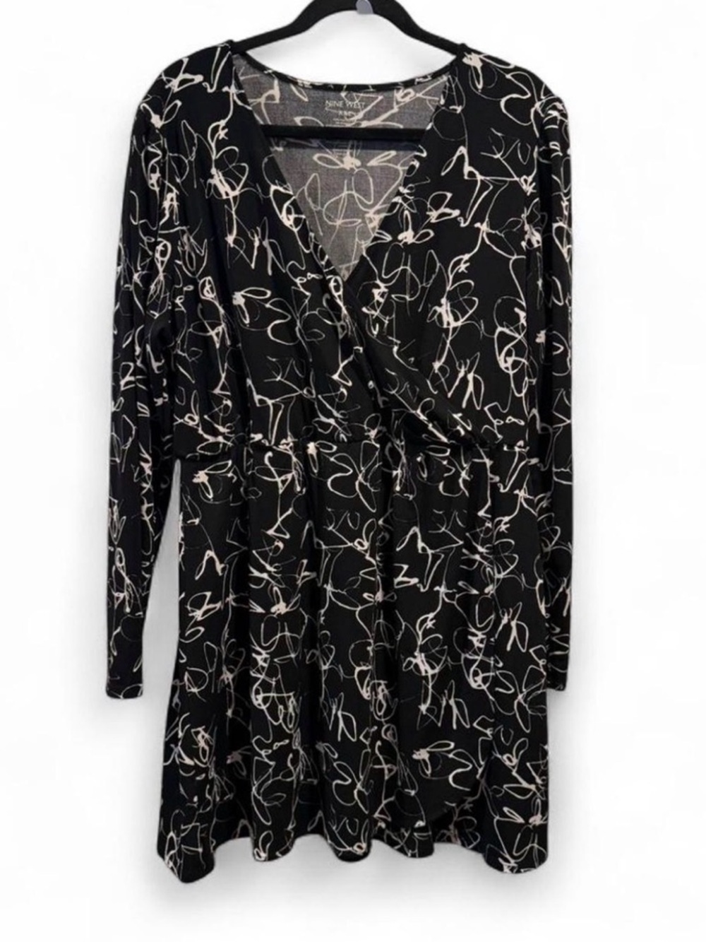 Nine West Black Long Sleeve Wrap Dress with Cream Scribble Print